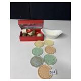 FLORAL COASTERS, NAPKIN RINGS, MILK GLASS OVAL