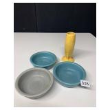 VINTAGE FIESTA BOWLS AND VASE, CHIPS, HAIRLINE