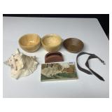 CONCH SHELL, WOOD BOWLS, HAND PAINTED MARBLE,