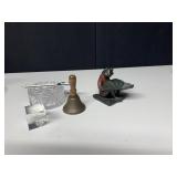 CAST IRON FROG HOLDING A LILY PAD, BRASS BELL,