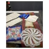 TABLE RUNNER, DOILIES, HANKIES, BLUE FABRIC