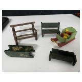 VINTAGE WOODEN SLEIGH, BENCH, ETC.
