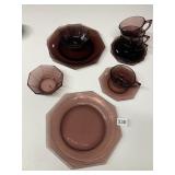 PLUM GLASS DISHES, 3 DINNER, 3 BOWLS, 4