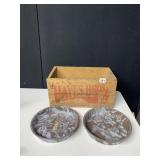 HAYES BRO WOOD CRATE AND ENAMELED PIE PANS