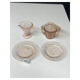 PINK DEPRESSION GLASS DESSERT PLATES, CREAMER AND