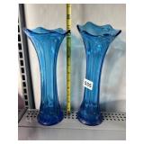 TWO BLUE SWUNG GLASS VASES 11 INCHES TALL
