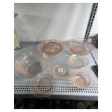 ASSORTED PINK DEPRESSION PLATES AND BOWL S