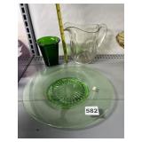 GREEN DEPRESSION PLATE AND GLASS, APPLIED HANDLE