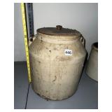 ANTIQUE STONEWARE CROCK WITH LID AND WOOD VEIL