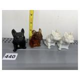 FOUR GLASS BULLDOGS TWO WHITE, ONE BLACK, ONE