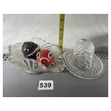 GLASS HAT, DECORATED EGGS AND FOOTED DISH