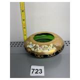 HAND PAINTED GREEN DISH W/ ENAMELED DECORATED