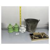 HANDLE BUCKET, GREEN JARS AND PORCELAIN VASE