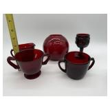RUBY GLASS BALL VASE, SUGAR CREAMER, EXTRA SUGAR,
