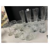 4 TALL PILSNER GLASSES, WATER PITCHER, TWO OTHER