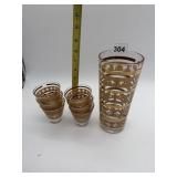 MCM GOLD RINGED DRINK SHAKER AND 6 GLASSES