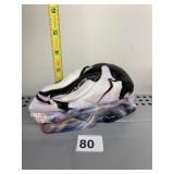 OPAQUE STREAKED SLAG GLASS RABBIT ON A NEST DISH