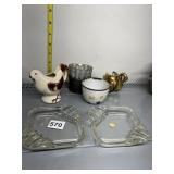 GLASS ASHTRAYS, BIRD PLANTER, ENAMELED CUP, ETC.