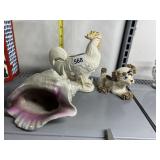 ROOSTER PLANTER, VINTAGE DOG FIGURE AND SEASHELL