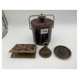 SMALL BROWN GLAZED CROCK, BRASS ETCHED PIECE,