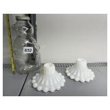 MILK GLASS CANDLE STICKS AND GLASS BEAR BOTTLE