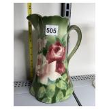 HAND PAINTED PORCELAIN PITCHER WITH ROSE DESIGN