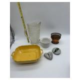 GLASS PITCHER, VERMONT POTTERS MUG, COPPER PIECE,