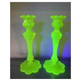 CABBAGE ROSE VASELINE SATIN GLASS CANDLESTICKS 10