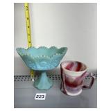 SLAG GLASS MUG AND SATIN CUSTARD GLASS PEDESTAL