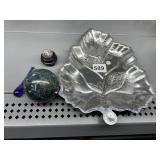 GLASS EGG AND TEAR DROP PRISM, SILVER TONE LEAF