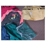 BANQUET SZ TABLECLOTH, WELL USED LEATHER DUFFLE