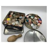 TINS OF THREAD, WOODEN & PLASTIC