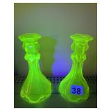PAIR OF URANIUM GLASS CANDLE STICKS 7 INCHES HIGH