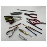 GLASS CUTTERS, LONG NOSE PLIERS, SCREW DRIVERS,