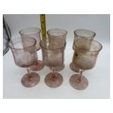 6 MATCHING ETCHED PINK GLASS WINE GLASSES