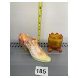 SLAG GLASS SHOE AND AMBERINA TOOTHPICK HOLDER