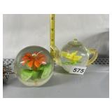 2 PAPER WEIGHTS ONE TEAPOT STYLE ONE W/ ORANGE