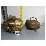 2 COVERED DRESSER TRINKET BOXES ONE W/ FEET