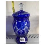 COBALT FOOTED CANDY DISH W/ LID ETCHED DESIGN
