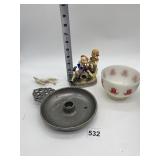 VINTAGE FIRE KING ROSE DESIGN BOWL, PEWTER CANDLE