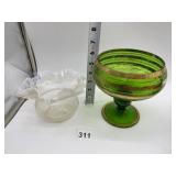 GOLD BANDED PEDESTAL BOWL AND OPALESCENT RUFFLE