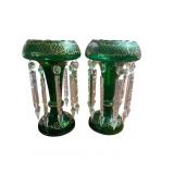 PAIR OF VICTORIAN GREEN GLASS LUSTER CENTERPIECES