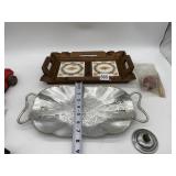 WOOD DOUBLE HANDLED TRAY WITH TWO GLASS TRIVETS,