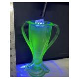 TUT GREEN DOUBLE HANDLED VASE FOSTORIA GLASS