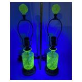 PAIR OF URANIUM GLASS LAMPS WITH MATCHING FINIALS