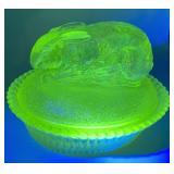 VASELINE GLASS BUNNY ON A NEST URANIUM GLASS