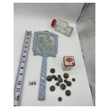 VINTAGE BUTTONS, MIRROR, OX TIN, GLASS CANDY CAR