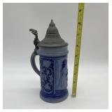 PEWTER LID BLUE AND WHITE STEIN SMALL CHIP ON
