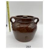 BROWN GLAZED POTTERY DOUBLE HANDLED BEAN POT