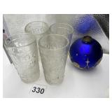 STARBURST PATTERN SET OF 4 GLASSES AND GLASS